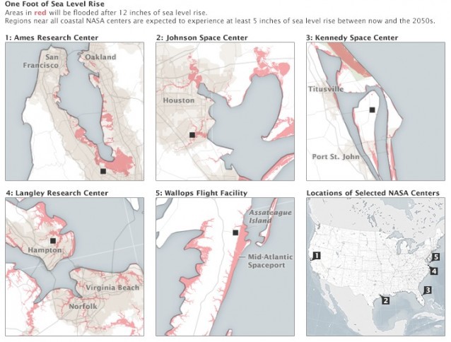 This is a map of five space centers threatened by sea level rise. Areas in red would be flooded with 12 inches of sea level rise. Sea level rise is expected to rise 5 inches by 2050.