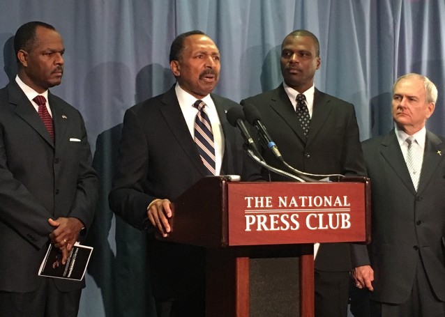 E.W. Jackson Sr. speaks in Washington, D.C. alongside Buddy Pilgrim, Ted Cruz’s director of faith and religious liberty (right). CREDIT: Kira Lerner