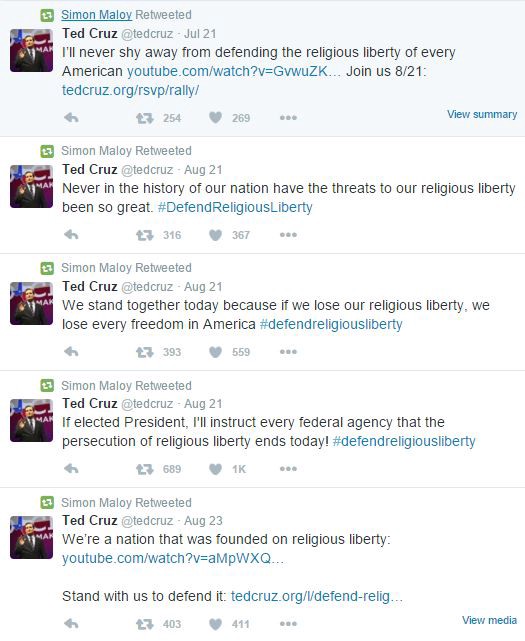 A series of tweets by Sen. Ted Cruz, retweeted by Salon political reporter Simon Maloy. CREDIT: Twitter Screenshot