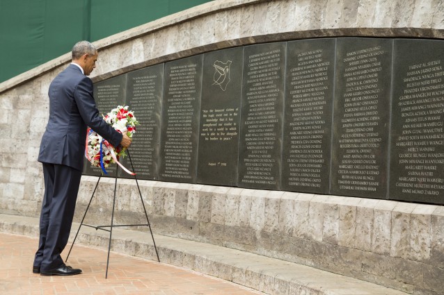 President Barack Obama participates in a wreath laying ceremony, Saturday, July 25, 2015, in Nairobi, at Memorial Park in honor of the victims of the deadly 1998 bombing at the U.S. Embassy. CREDIT: AP Photo/Evan Vucci