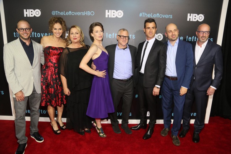 Tom Perrotta with the cast ofThe Leftoversat the Season 2 premiere. CREDIT: Jack Plunkett/Invision/AP