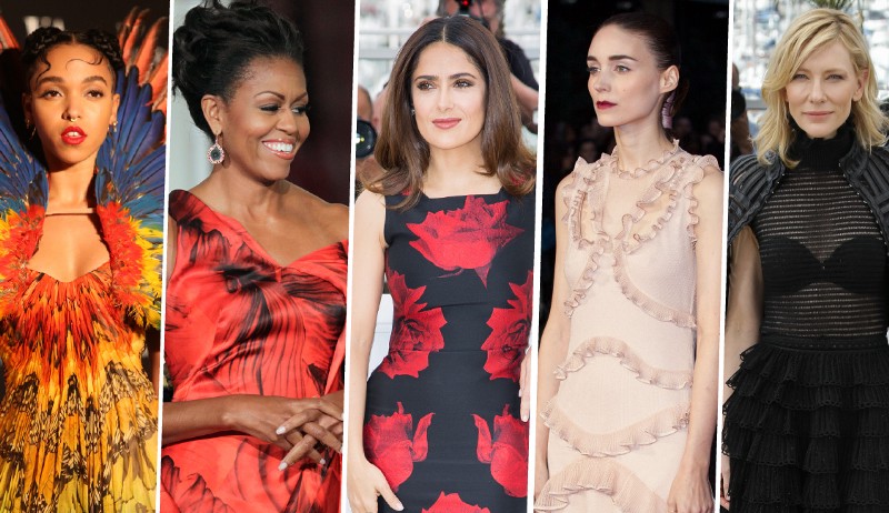 From left to right: FKA twigs, First Lady Michelle Obama, Salma Hayek, Rooney Mara, and Cate Blanchett, all wearing Alexander McQueen. CREDIT: AP/INVISION/JOEL RYAN/GRANT POLLARD/VIANNEY LE CAER/PABLO MARTINEZ MONSIVAIS