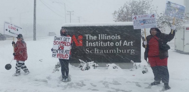 These for-profit college graduates protested The Illinois Institute of Art Schaumburg open house during a blizzard. CREDIT: Craig Hammond