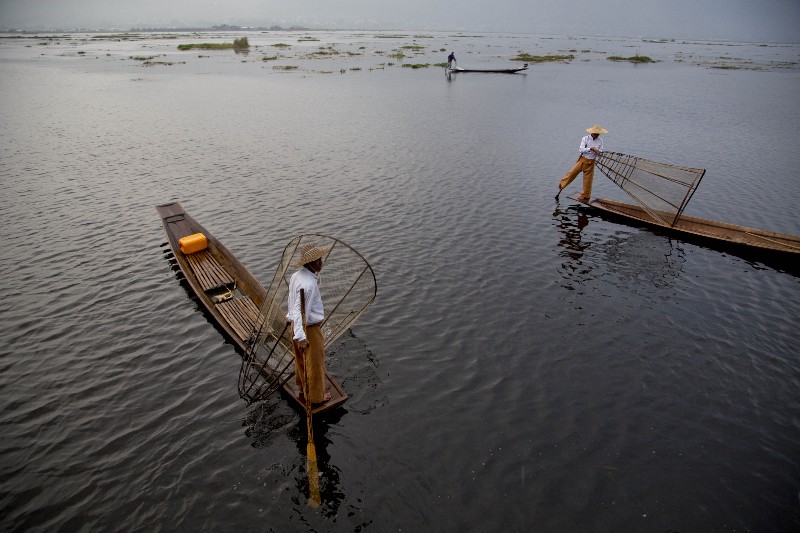 Ethnic Intha fishermen dressed in customary attire with traditional fish-traps pretend to catch fish for tourists to take pictures as a real fisherman catches fish in the background in Inle lake, northeastern Shan state, Myanmar. CREDIT: AP PHOTO/GEMUNU AMARASINGHE
