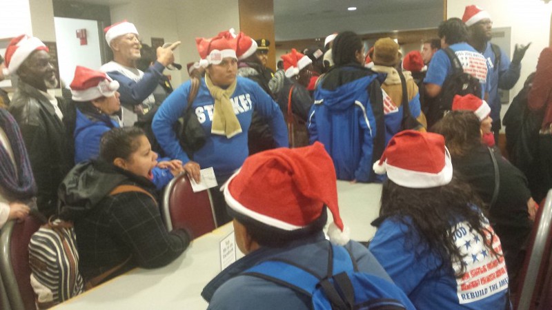 Workers on strike in the Dirken Senate Building Cafeteria on Dec. 12, 2015 CREDIT: Jess Colarossi