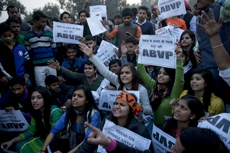 Members of Indian students organization ABVP shout slogans as they protest the release of a juvenile convicted in a fatal 2012 gang rape. CREDIT: TSERING TOPGYAL, AP