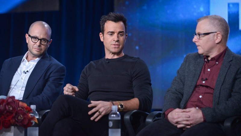 Perrotta sits with Leftovers co-writer Damon Lindelof and show star Justin Theroux at a panel discussion in 2014. CREDIT: Photo by Richard Shotwell Invision/AP