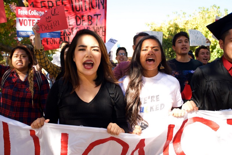 Students protesting at the UC Santa Barbara campus for the Million Student March. Although the participants include students from all kinds of college settings, many of the participants in the Million Student March were for-profit college students. CREDIT: BRANDON YADEGARI