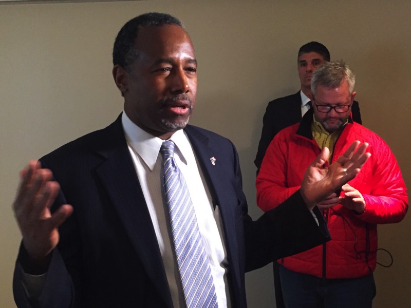 Republican presidential candidate Ben Carson speaks with reporters at an event in Iowa city on Friday, Jan. 29, 2016. CREDIT: EMILY ATKIN