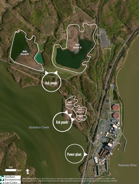 Coal ash ponds at Dominion’s Possum Point Power Station CREDIT: Southern Environmental Law Center