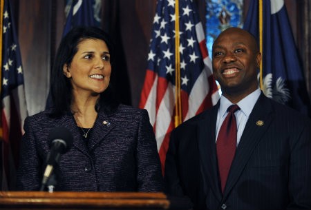 Gov. Nikki Haley (R-SC) appointed Tim Scott (R) to a vacant U.S. Senate seat in 2012 CREDIT: AP Photo/Rainier Ehrhardt