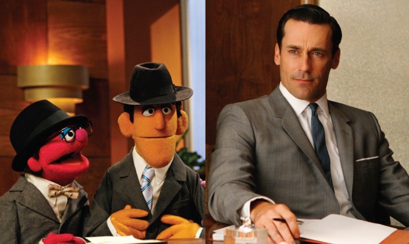 (L) Sesame Street’s “Mad Men.” (R) Jon Hamm on AMC’s “Mad Men.” CREDIT: Sesame Workshop/AMC