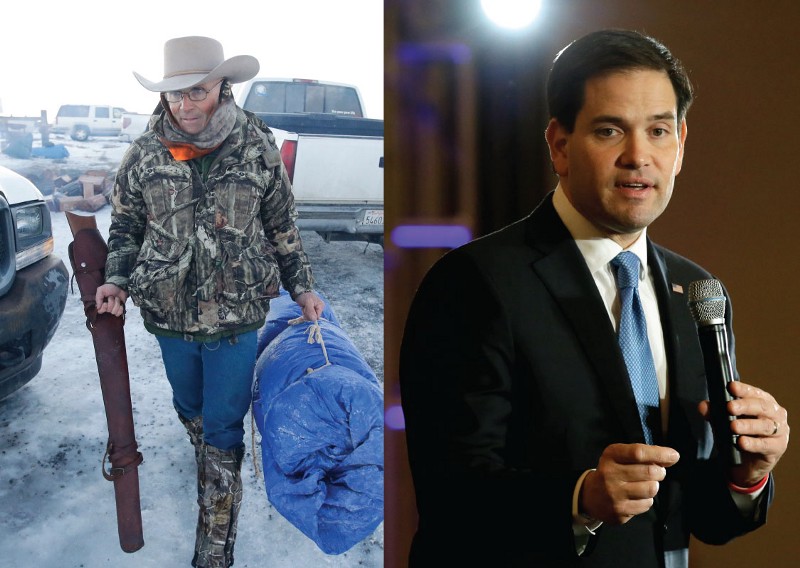An armed militiaman at the Malheur Wildlife Refuge in Burns, Oregon, right, and Sen. Marco Rubio (R-FL), left. CREDIT: AP PHOTOS