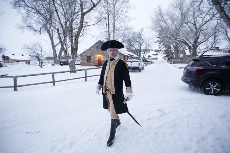 A man dressed as continental army officer walks through the Malheur National Wildlife Refuge Sunday, Jan. 10, 2016, near Burns, Oregon. CREDIT: AP PHOTO/RICK BOWMER