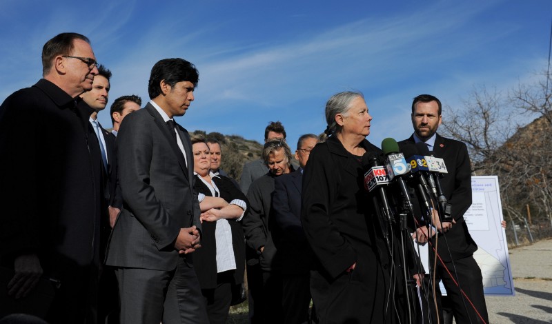 State Sen. Fran Pavley, flanked by Senate President Pro Tem Kevin De Leon and State Sen. Ben Allen, speaks to reporters Monday near the leaking Aliso Canyon Storage Facility. CREDIT: COURTESY THE OFFICE OF STATE SEN. FRANÂ PAVLEY