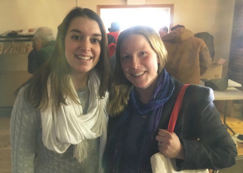 Stephanie McNally and Sarah Sadowski came to a Cruz event to ask the candidate about paid family leave. CREDIT: Kira Lerner