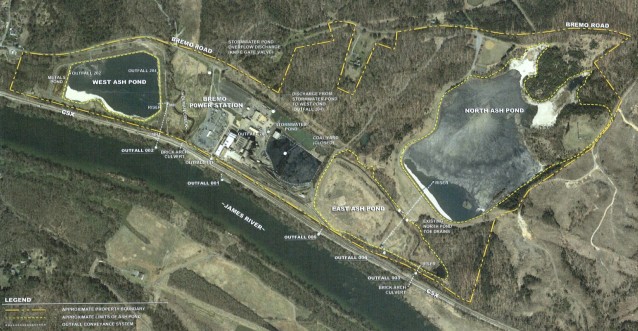 Coal ash ponds at Dominion’s Bremo Power Station. CREDIT: Southern Environmental Law Center