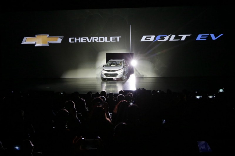 The Chevrolet Bolt EV electric car is unveiled at CES International Wednesday, Jan. 6, 2016, in Las Vegas. The 200-mile range electric car was introduced Wednesday at CES. CREDIT: AP PHOTO/GREGORY BULL