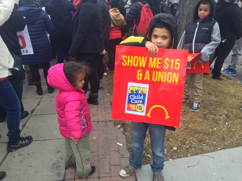 Ben Jackson, 3, joined his mom in protest of low wages at McDonald’s and other fast food restaurants. CREDIT: Emily Atkin