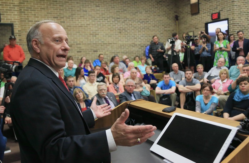 Rep Steve King, R-Iowa, introduces presidential candidate Sen. Ted Cruz, R-Texas, unseen, at a town hall event at Morningside College in Sioux City, Iowa, Wednesday, April 1, 2015. (AP Photo/Nati Harnik) CREDIT: AP PHOTO/NATI HARNIK