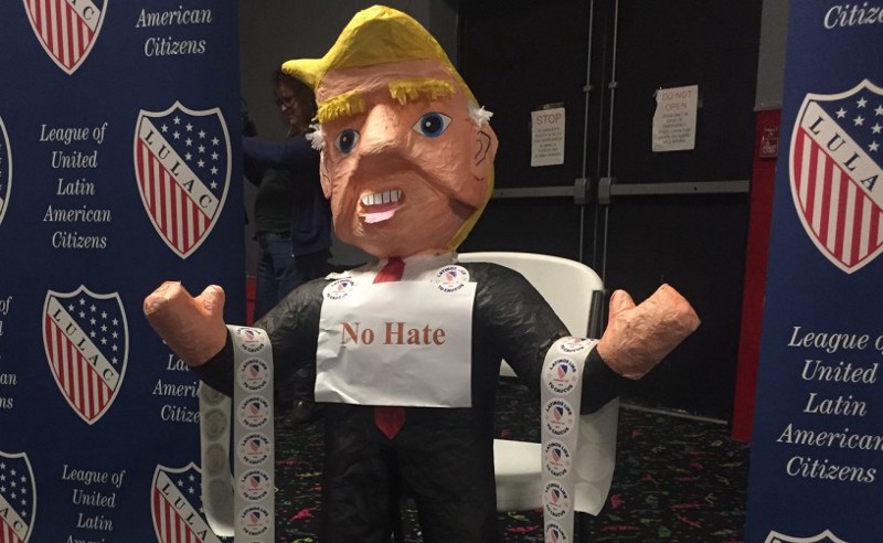A Donald Trump piñata with the words “no hate” attached at LULAC’s mock caucus event in Des Moines, Iowa, on Sunday, Jan. 31, 2016. CREDIT: Emily Atkin