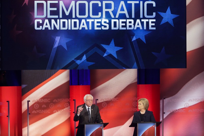Democratic presidential candidates Bernie Sanders and Hillary Clinton during a Democratic presidential primary debate hosted by MSNBC CREDIT: AP PHOTO/DAVID GOLDMAN