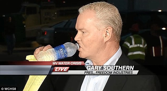 Gary Southern, president of Freedom Industries, takes a sip of water at a press conference on the chemical spill. CREDIT: WCHS NEWS/SCREENSHOT