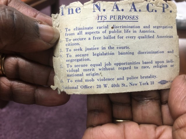 Williams’ father’s NAACP membership card from 1961. CREDIT: Kira Lerner