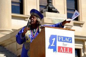 Longtime civil rights activist Ivnea May-Pittman speaks during the rally to remove the Confederate battle emblem from the Mississippi flag outside the state Capitol in Jackson, Miss., on Thursday, Feb. 18, 2016. CREDIT: Charles Smith/AP Images for The Flag for All Mississippians Coalition