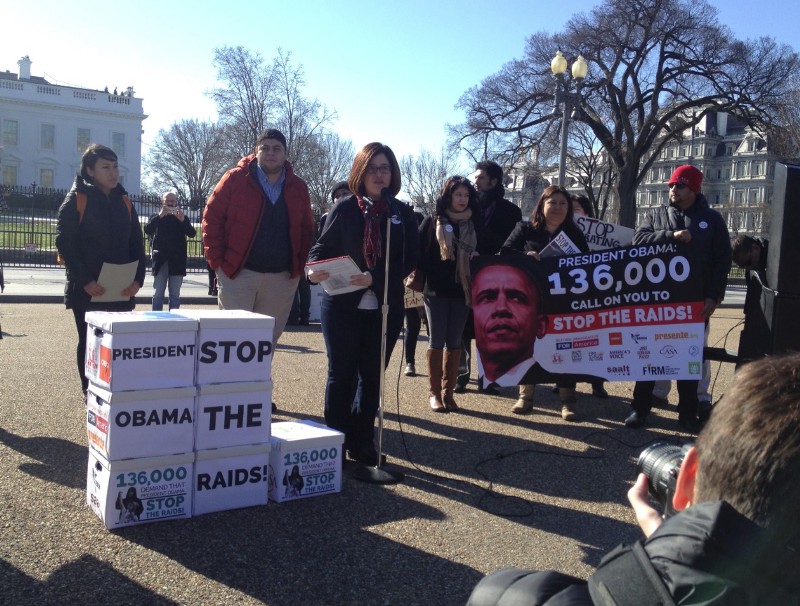 Immigrant rights advocates hold a rally outside the White House in February 2016 CREDIT: ESTHER YU HSI LEE