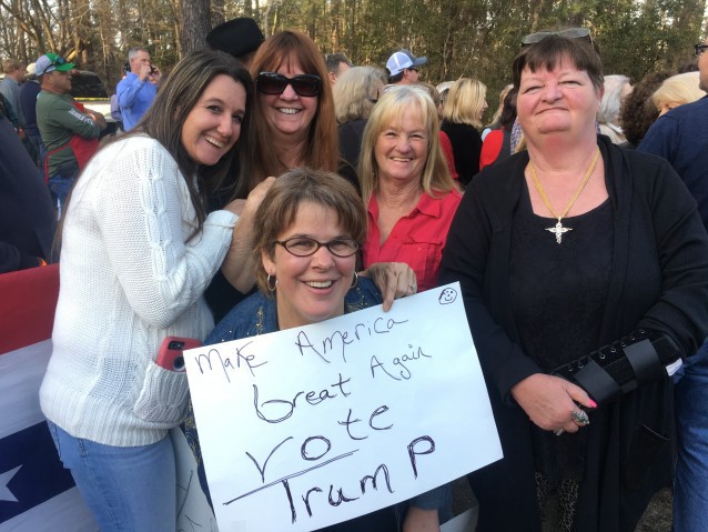 Tammi Lawton, left, and four friends at a Trump rally in Walterboro, SC. CREDIT: Kira Lerner