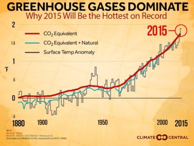 A graph showing how much greenhouse gases dominate global temperatures compared to natural factors like El Niño. Almost all of 2015’s record heat is due to human activity.