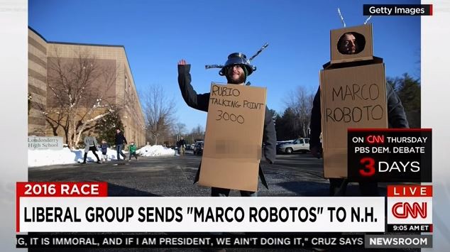 Dressed as robots, advocates with the liberal Super PAC American Bridge have been following Republican presidential candidate Marco Rubio around New Hampshire. CREDIT: CNN SCREENSHOT
