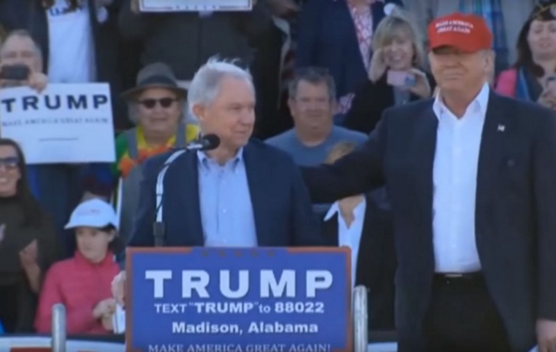 Sessions endorses Trump during a rally Sunday in Alabama. CREDIT: VIDEO SCREENGRAB