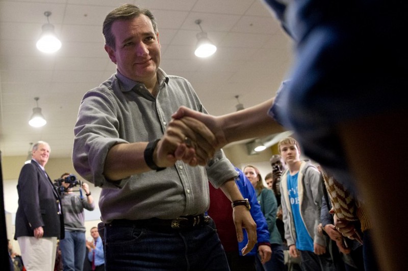 Republican presidential candidate Sen. Ted Cruz, R-Texas, greets supporters at a town hall meeting in Salem, N.H. CREDIT: AP Photo/Jacquelyn Martin