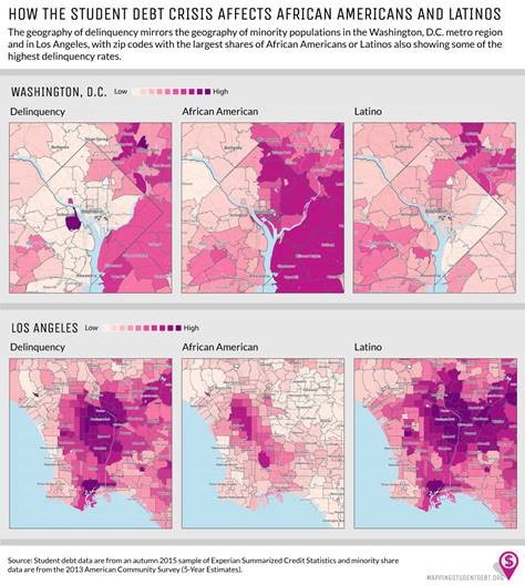 Maps show correlations between race and student debt delinquency. CREDIT: Washington Center for Equitable Growth