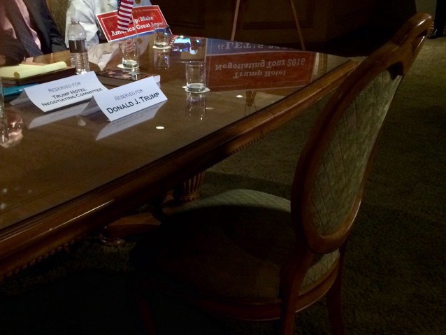 An empty seat awaits Donald Trump at the bargaining table. CREDIT: Alice Ollstein