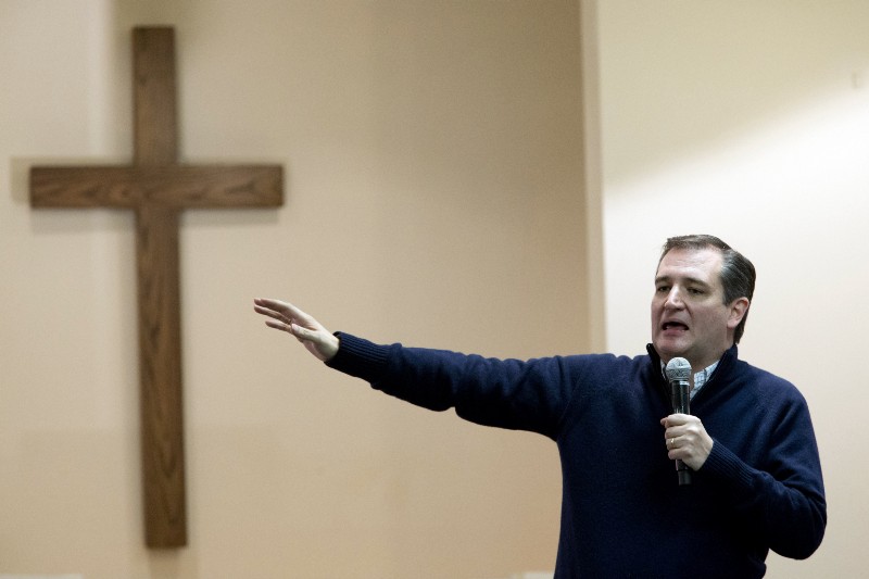 Sen. Ted Cruz speaks during a campaign event at Grace Baptist Church in Marion, Iowa. CREDIT: AP PHOTO/MARY ALTAFFER