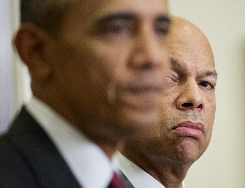 Homeland Security Secretary Jeh Johnson listens at right as President Barack Obama speaks in the Roosevelt Room of the White House in Washington, Wednesday, Nov. 25, 2015. Obama briefed the public on the nation’s homeland security posture heading into the holiday season, following meeting with his national security team. (AP Photo/Pablo Martinez Monsivais) CREDIT: AP PHOTO/PABLO MARTINEZ MONSIVAIS