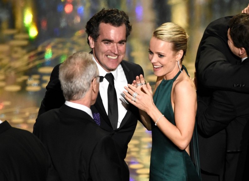 Brian d’Arcy James, left, and Rachel McAdams appear on stage after they accept the award for best picture for “Spotlight” at the Oscars.