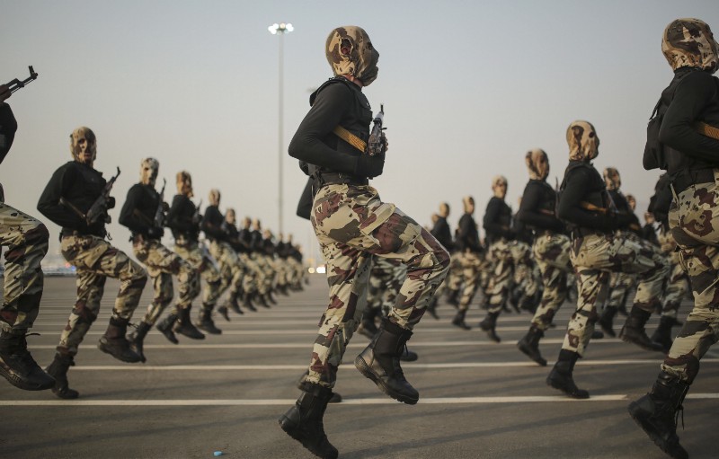 Saudi security forces take part in a military parade in preparation for the annual Hajj pilgrimage in Mecca, Saudi Arabia on Sept. 17, 2015. CREDIT: AP PHOTO/MOSA’AB ELSHAMY