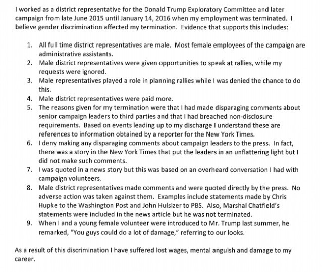 Elizabeth Mae Davidson’s allegations against the Trump campaign, filed with the Davenport Civil Rights Commission.