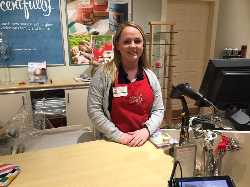 Maddie Johnson, 20, an assistant manager at Yankee Candle in Davenport, Iowa, can’t caucus tonight because she’s working CREDIT: Emily Atkin