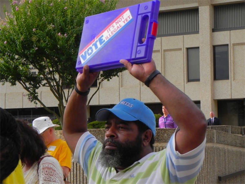North Carolinians gather outside the federal courthouse in Winston-Salem as the trial over the state’s voting laws begins. CREDIT: Alice Ollstein