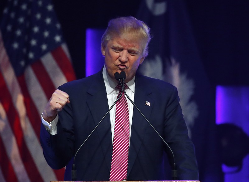 Republican presidential candidate Donald Trump speaks during a campaign stop, Monday, Feb. 15, 2016, in Greenville, S.C. CREDIT: AP PHOTO/PAUL SANCYA