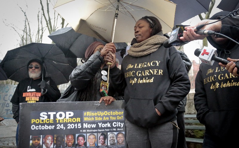 Jewel Miller, mother of Eric Garner’s daughter Legacy, speaks through tears during a rally outside the U.S. Attorney’s office calling for the prosecution of NYPD officer Daniel Pantaleo in the chokehold death of Garner, Wednesday, Feb. 24, 2016, in New York. CREDIT: AP PHOTO, BEBETO MATTHEWS