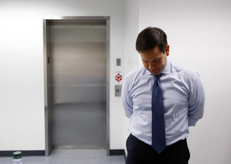 Republican presidential candidate Sen. Marco Rubio, R-Fla., waits to speak at a campaign rally at Palm Beach Atlantic University in West Palm Beach, Fla., Monday, March 14, 2016. CREDIT: AP PHOTO/PAUL SANCYA
