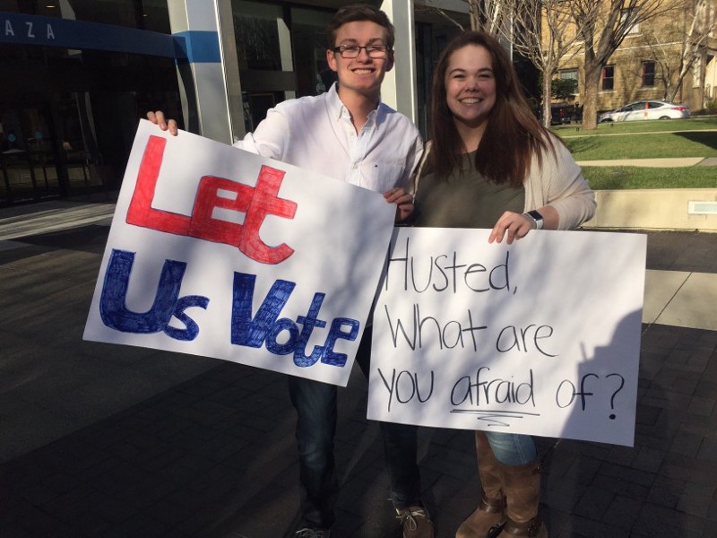 Donald Trump interns Andrew Bruns, 16, and Lully Dunning, 17, protest Ohio Secretary of State Jon Husted’s decision to bar 17-year-olds from voting in Ohio’s presidential primary if they’ll be 18 by the time of the general election.