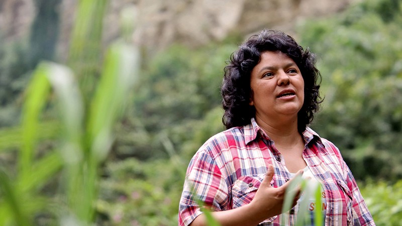 Berta Caceres at the banks of the Gualcarque River in the Rio Blanco region of western Honduras where she, COPINH (the Council of Popular and Indigenous Organizations of Honduras) and the people of Rio Blanco have maintained a two year struggle to halt construction on the Agua Zarca Hydroelectric project, that poses grave threats to local environment, river and indigenous Lenca people from the region. CREDIT: GOLDMAN ENVIRONMENTAL PRIZE