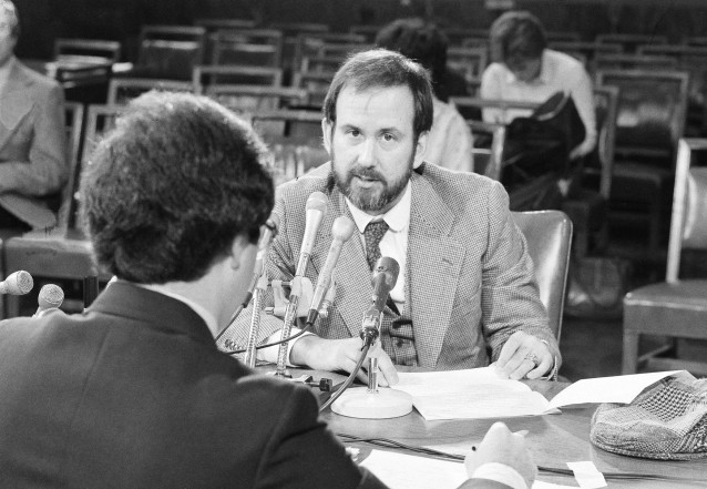 Michael Ledeen gives a deposition to the Senate subcommittee to investigate individuals representing the interests of foreign governments October 28, 1980 in Washington, DC. CREDIT: AP Photo/John Duricka